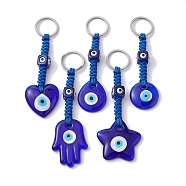 Handmade Evil Eye Lampwork Pendant Keychains, 304 Stainless Steel Split Key Rings, Teardrop/Heart/Star/Flat Round/Hamsa Hand, Blue, 10.5cm(KEYC-JKC00571)