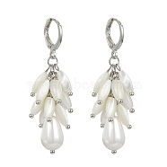 Dyed Natural Shell & Shell Pearl Teardrop Dangle Leverback Earrings, Brass Cluster Earrings for Women, White, 47.5x13mm(EJEW-TA00297)