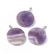 Natural Amethyst Pendants, Flat Round Charms with Round Pattern, with Rack Plating Platinum Tone Brass Findings, Cadmium Free & Lead Free, 30x4~8mm, Hole: 4x4mm(G-P491-03P-01)