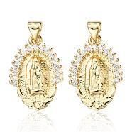 Brass Pendants, with Clear Cubic Zirconia, Oval with Religion Virgin Mary Charm, Real 18K Gold Plated, 22x14.5x2mm, Hole: 5x3mm(ZIRC-YW0001-01)