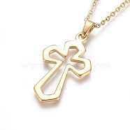 304 Stainless Steel Pendant Necklaces, with Cable Chains and Lobster Claw Clasps, for Religion, Cross, Golden, 17.6 inch(44.8cm), 1.5mm(NJEW-F275-23G)