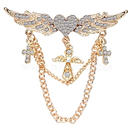 Heart with Angel Wings Alloy Full Crystal Rhinestone Hanging Chain Brooch, for Clothes Backpack, Golden, 65x60mm(PW-WGB7AF1-01)