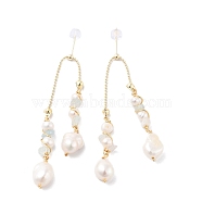 Natural Pearl Dangle Stud Earrings, with Brass Findings and 925 Sterling Silver Pins, Oval, Real 14K Gold Plated, 73x11.5mm(EJEW-P256-25G)