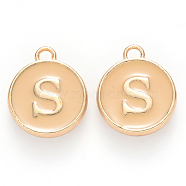 Golden Plated Alloy Enamel Charms, Cadmium Free & Lead Free, Enamelled Sequins, Flat Round with Letter, Wheat, Letter.S, 14x12x2mm, Hole: 1.5mm(ENAM-S118-06S)