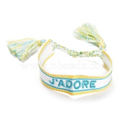 Word J'ADORE Polycotton(Polyester Cotton) Braided Bracelet with Tassel Charm, Flat Adjustable Bracelet for Couple, Aquamarine, Inner Diameter: 2~3-1/8 inch(5~8cm)(BJEW-F429-01)