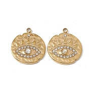 Vacuum Plating 201 Stainless Steel Pendants, Crystal Rhinestone Flat Round with Eye Pattern Charms, Real 18K Gold Plated, 17.5x15x2.5mm, Hole: 1.6mm(STAS-J401-VC548)