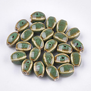 Handmade Porcelain Beads, Fancy Antique Glazed Porcelain, Oval, Lime Green, 12~14x9~10.5x9~11mm, Hole: 2.5mm(PORC-S498-07Q)