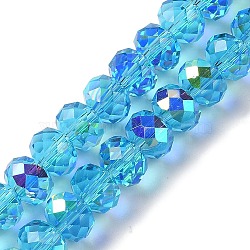 AB Color Plated Transparent Electroplate Beads Strands, Faceted, Round, Deep Sky Blue, 7.5x6mm, Hole: 1mm, about 80~83pcs/strand, 18.31~19.88''(46.5~50.5cm)(EGLA-H104-06H)