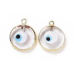 Handmade Lampwork Pendants, with Golden Plated Brass Findings, Cadmium Free & Lead Free, Flat Round with Evil Eye, Clear, 21x18x4.5mm, Hole: 1.6mm(LAMP-P057-03G-06)