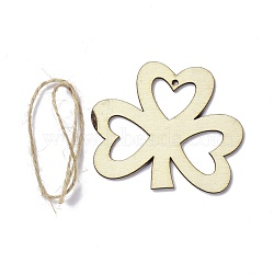 DIY Shamrock Unfinished Wooden Ornaments Blank Wooden Embellishments, with Hemp Rope, for Saint Patrick's Day Party Decorations, Cornsilk, 71x84x2.5mm, Hole: 3mm(WOOD-C009-07)