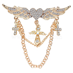 Heart with Angel Wings Alloy Full Crystal Rhinestone Hanging Chain Brooch, for Clothes Backpack, Golden, 65x60mm(PW-WGB7AF1-01)