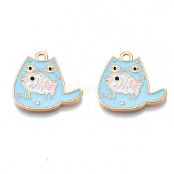 Alloy Enamel Pendants, Cadmium Free & Nickel Free & Lead Free, Light Gold, Cat with Fish, Sky Blue, 18.5x20x1.5mm, Hole: 2mm(PALLOY-N170-024A-NR)