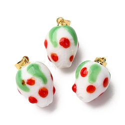 Handmade Lampwork Pendants, Strawberry, with Rack Plating Golden Tone Brass Findings, Long-Lasting Plated, White, 17.5~19.5x12~13mm, Hole: 4.5x3.5mm(LAMP-S069-05A-G-09)
