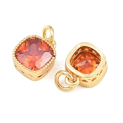 Brass Micro Pave Cubic Zirconia Charms, with Jump Ring, Square Charms, Real 18K Gold Plated, Orange Red, 9x7x4mm, Hole: 2.3mm, Jump Ring: 4x0.7mm(KK-Q085-07G-04)