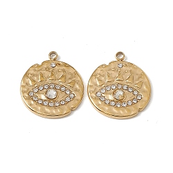 PVD Vacuum Plating 201 Stainless Steel Pendants, Crystal Rhinestone Flat Round with Eye Pattern Charms, Real 18K Gold Plated, 17.5x15x2.5mm, Hole: 1.6mm(STAS-J401-VC548)