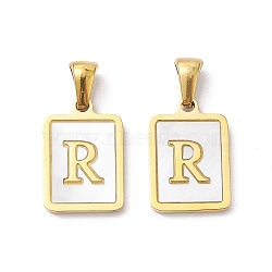Ion Plating(IP) 304 Stainless Steel Pave Shell Pendants, Rectangle Charm, Real 18K Gold Plated, Letter R, 17.5x12x1.5mm, Hole: 3x5mm(X-STAS-G327-01G-R)