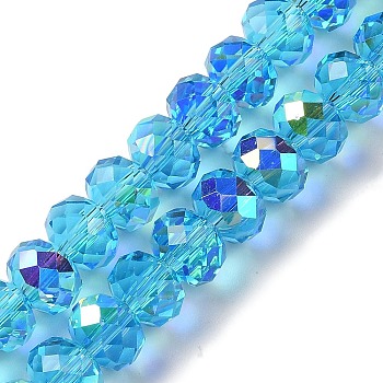 AB Color Plated Transparent Electroplate Beads Strands, Faceted, Round, Deep Sky Blue, 7.5x6mm, Hole: 1mm, about 80~83pcs/strand, 18.31~19.88''(46.5~50.5cm)