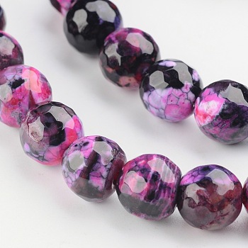 Faceted Round Dyed Natural Fire Crackle Agate Beads Strands, Magenta, 8mm, Hole: 1mm, about 47~49pcs/strand, 14 inch~15 inch