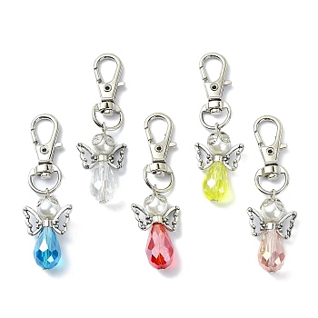 5Pcs Angel Glass Pendant Decorations, with Alloy Swivel Lobster Claw Clasps, Mixed Color, 58mm