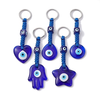 Handmade Evil Eye Lampwork Pendant Keychains, 304 Stainless Steel Split Key Rings, Teardrop/Heart/Star/Flat Round/Hamsa Hand, Blue, 10.5cm