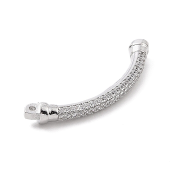 Eco-friendly Rack Plating Brass Micro Pave Clear Cubic Zirconia Connector Charms, Cadmium Free & Lead Free, Long-Lasting Plated, Curved Tube Links, Platinum, 36.5x11.5x5mm, Hole: 0.7mm and 1.2mm