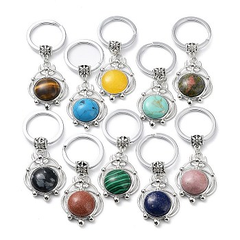 Natural & Synthetic Gemstone Keychain, with Plating Brass Pendant and Iron Rings, Lead Free & Cadmium Free, 6.6cm
