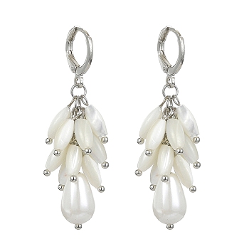 Dyed Natural Shell & Shell Pearl Teardrop Dangle Leverback Earrings, Brass Cluster Earrings for Women, White, 47.5x13mm