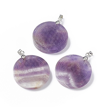 Natural Amethyst Pendants, Flat Round Charms with Round Pattern, with Rack Plating Platinum Tone Brass Findings, Cadmium Free & Lead Free, 30x4~8mm, Hole: 4x4mm