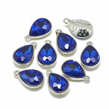 Alloy Glass Charms, Faceted, teardrop, Platinum, Royal Blue, 14.5x9x5mm, Hole: 1.5mm