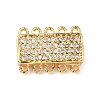 Brass Micro Pave Clear Cubic Zirconia Magnetic Slide Lock Clasps, 5-Strand, 10-Hole, Rectangle, Real 18K Gold Plated, 14x20x6mm, Hole: 1.5mm