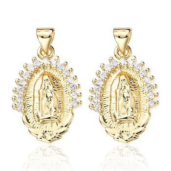 Brass Pendants, with Clear Cubic Zirconia, Oval with Religion Virgin Mary Charm, Real 18K Gold Plated, 22x14.5x2mm, Hole: 5x3mm