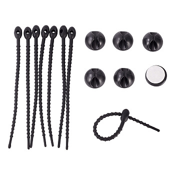 20Pcs PVC Plastic Cable Cord Organizer, with 20Pcs Oval Shape Silicone Cable Zip Ties, Cable Management Keeper, Cord Clips, Black, 20.5x12mm, Hole: 6mm