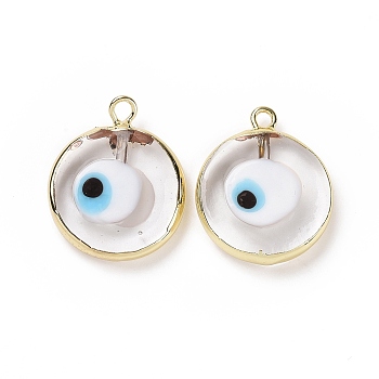 Handmade Lampwork Pendants, with Golden Plated Brass Findings, Cadmium Free & Lead Free, Flat Round with Evil Eye, Clear, 21x18x4.5mm, Hole: 1.6mm