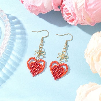 Handmade Glass Seed Beads Heart Dangle Earrings, with Bowknot Alloy Links, Golden, Red, 57x20~22mm