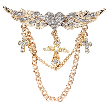 Heart with Angel Wings Alloy Full Crystal Rhinestone Hanging Chain Brooch, for Clothes Backpack, Golden, 65x60mm