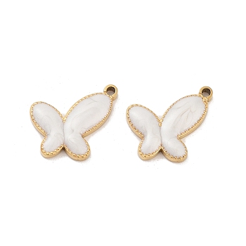 Ion Plating(IP) 304 Stainless Steel Enamel Pendants, Butterfly Charm, Golden, White, 12.5x16x2mm, Hole: 1.5mm