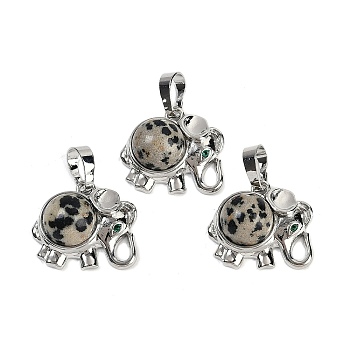 Natural Dalmatian Jasper Pendants, Rack Plating Brass Rhinestone Elephant Charms, Platinum, Cadmium Free & Lead Free, 17.5x20.5x8mm, Hole: 5x8mm