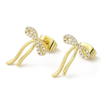 Brass Stud Earrings, with Clear Cubic Zirconia for Women, Bowknot, Real 18K Gold Plated, 14.5x11.5mm