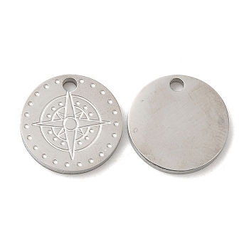 316L Surgical Stainless Steel Charms, Laser Cut, Flat Round with Star Charms, Stainless Steel Color, 12x1.5mm, Hole: 1.6mm