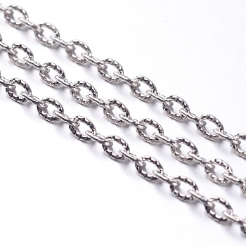 Nickel Free Iron Textured Cable Chains, Unwelded, with Spool, Oval, Platinum Color, 4x3x1mm, about 328.08 Feet(100m)/roll
