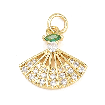 Brass Micro Pave Cubic Zirconia Pendants, Cadmium Free & Lead Free, Real 18K Gold Plated, Fan Charms, Green, 15.5x16x3mm, Hole: 3.5mm