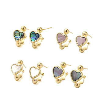 Shell Heart Stud Earrings, with Ion Plating(IP) Golden Plated Brass Findings, 925 Sterling Silver Pin, Golden, Mixed Color, 20.5x12mm