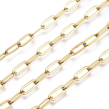 Ion Plating(IP) 304 Stainless Steel Cable Chains, Paperclip Chains, Drawn Elongated Cable Chains, Soldered, with Spool, Real 18K Gold Plated, 9.7x4.2x0.9~1mm, about 32.8 Feet(10m)/roll