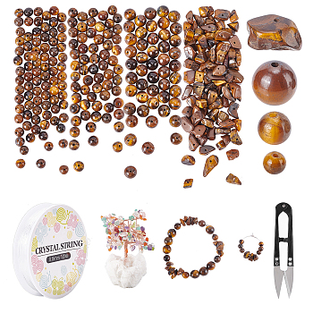 DIY Jewelry Making Kits, Including Natural Tiger Eye Beads, Elastic Crystal Thread and Sharp Steel Scissors, 4mm, Hole: 1mm, about 83~96pcs/strand, 15.7 inch, 1strand/set