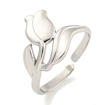 Non-Tarnish Tulip 304 Stainless Steel Open Cuff Finger Rings for Women, Stainless Steel Color, 13mm