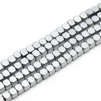 Electroplate Non-magnetic Synthetic Hematite Beads Strands, Faceted, Matte, Cube, Silver Plated, 2x2x2mm, Hole: 1mm, about 193pcs/strand, 15.7 inch