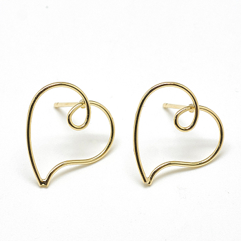 Brass Stud Earrings, Heart, Real 18K Gold Plated, 17x16mm, Pin: 0.8mm