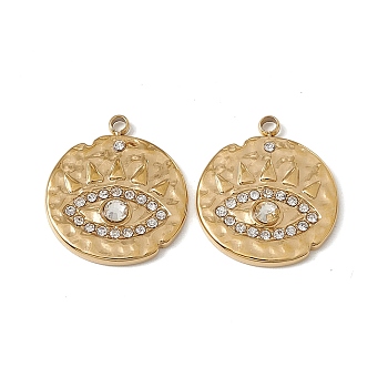 Vacuum Plating 201 Stainless Steel Pendants, Crystal Rhinestone Flat Round with Eye Pattern Charms, Real 18K Gold Plated, 17.5x15x2.5mm, Hole: 1.6mm