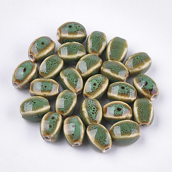 Handmade Porcelain Beads, Fancy Antique Glazed Porcelain, Oval, Lime Green, 12~14x9~10.5x9~11mm, Hole: 2.5mm