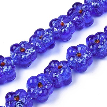 Transparent Handmade Bumpy Lampwork Beads Strands, with Silver Glitter, Flower, Mauve, 13.5~14.5x14.5x8.5~10mm, Hole: 0.8~1.6mm, about 35pcs/strand, 18.50 inch~19.37 inch(47cm~49.2cm)